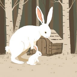 In front of a small cabin in the forest, a large white rabbit is seen comforting a smaller white rabbit, portrayed in Jon Klassen's unique style