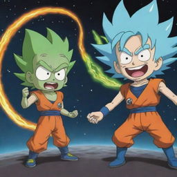 Tiny Goku from Dragon Ball Z in an epic face-off with Pickle Rick from Rick and Morty, set in outer space.