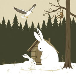 In front of a small cabin in the forest, a large white rabbit is comforting a smaller white rabbit, while an eagle soars in the sky above and a monkey clings to a tree branch