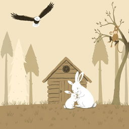 In front of a small cabin in the forest, a large white rabbit is comforting a smaller white rabbit, while an eagle soars in the sky above and a monkey clings to a tree branch