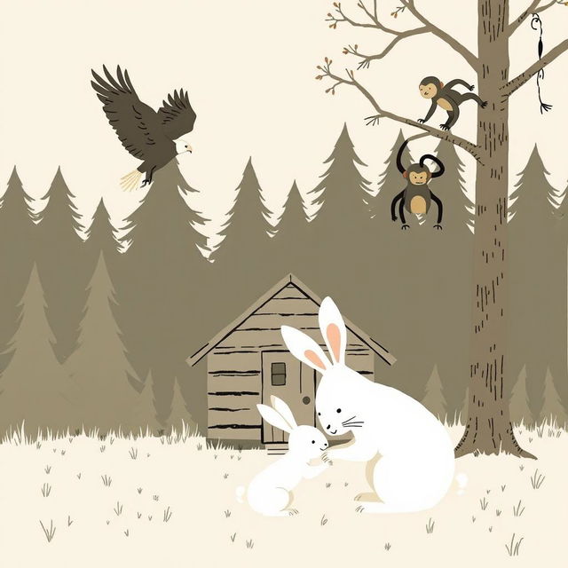 In front of a small cabin in the forest, a large white rabbit is comforting a smaller white rabbit, while an eagle soars in the sky above and a monkey clings to a tree branch