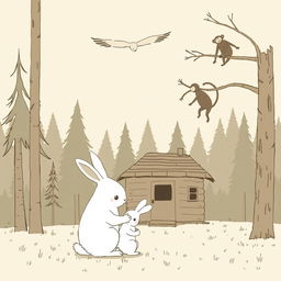 In front of a small cabin in the forest, a large white rabbit is comforting a smaller white rabbit, while an eagle soars in the sky above and a monkey clings to a tree branch