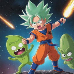 Tiny Goku from Dragon Ball Z in an epic face-off with Pickle Rick from Rick and Morty, set in outer space.