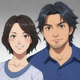 Two adults in their 30s to 40s in the style of My Hero Academy anime. The woman has dark, wavy short hair, with a warm smile. The man, of dark complexion, has long hair and gray-brown eyes, has visible scars. He looks serious but with a small smile towards his beloved.