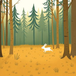 In the forest during the morning, a small white rabbit is running swiftly, surrounded by a warm and comforting background