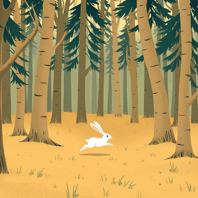 In the forest during the morning, a small white rabbit is running swiftly, surrounded by a warm and comforting background