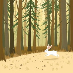 In the forest during the morning, a small white rabbit is running swiftly, surrounded by a warm and comforting background