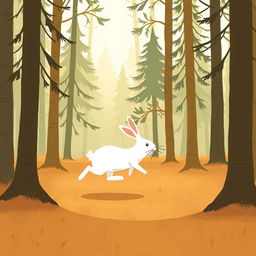In the forest during the morning, a small white rabbit is running swiftly, surrounded by a warm and comforting background