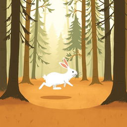 In the forest during the morning, a small white rabbit is running swiftly, surrounded by a warm and comforting background