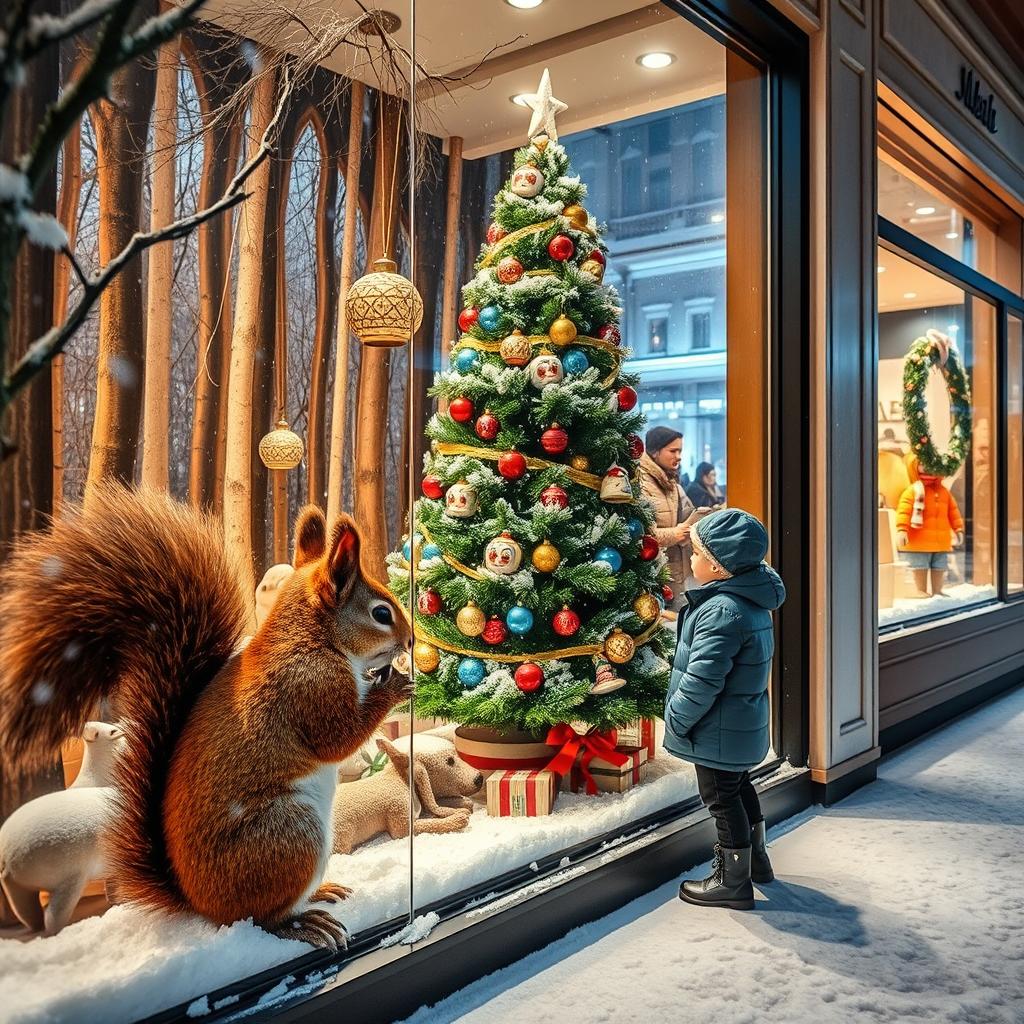 A magical snowy night in Helsinki showcases a Scandinavian department store with an enchanting Christmas window display