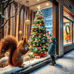 A magical snowy night in Helsinki showcases a Scandinavian department store with an enchanting Christmas window display