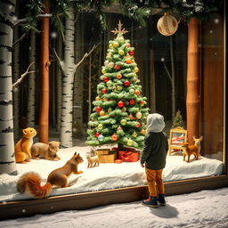 A magical snowy night in Helsinki showcases a Scandinavian department store with an enchanting Christmas window display