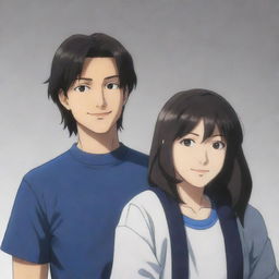 Two adults in their 30s to 40s in the style of My Hero Academy anime. The woman has dark, wavy short hair, with a warm smile. The man, of dark complexion, has long hair and gray-brown eyes, has visible scars. He looks serious but with a small smile towards his beloved.