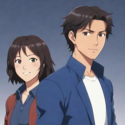 Two adults in their 30s to 40s in the style of My Hero Academy anime. The woman has dark, wavy short hair, with a warm smile. The man, of dark complexion, has long hair and gray-brown eyes, has visible scars. He looks serious but with a small smile towards his beloved.