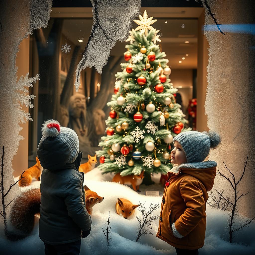 A captivating Christmas window display with a forest theme, set in a charming department store