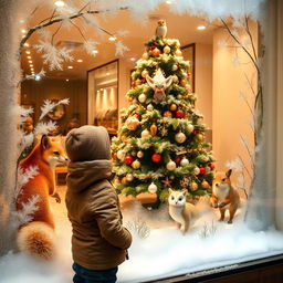 A captivating Christmas window display with a forest theme, set in a charming department store