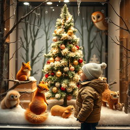 A captivating Christmas window display with a forest theme, set in a charming department store