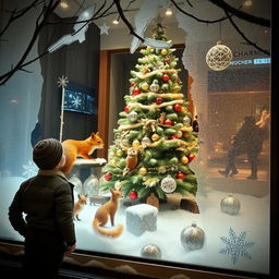 A captivating Christmas window display with a forest theme, set in a charming department store