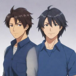 Two adults in their 30s to 40s in the style of My Hero Academy anime. The woman has dark, wavy short hair, with a warm smile. The man, of dark complexion, has long hair and gray-brown eyes, has visible scars. He looks serious but with a small smile towards his beloved.