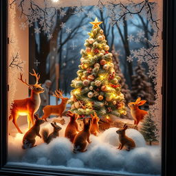 A beautifully decorated Christmas window display showcasing a forest theme