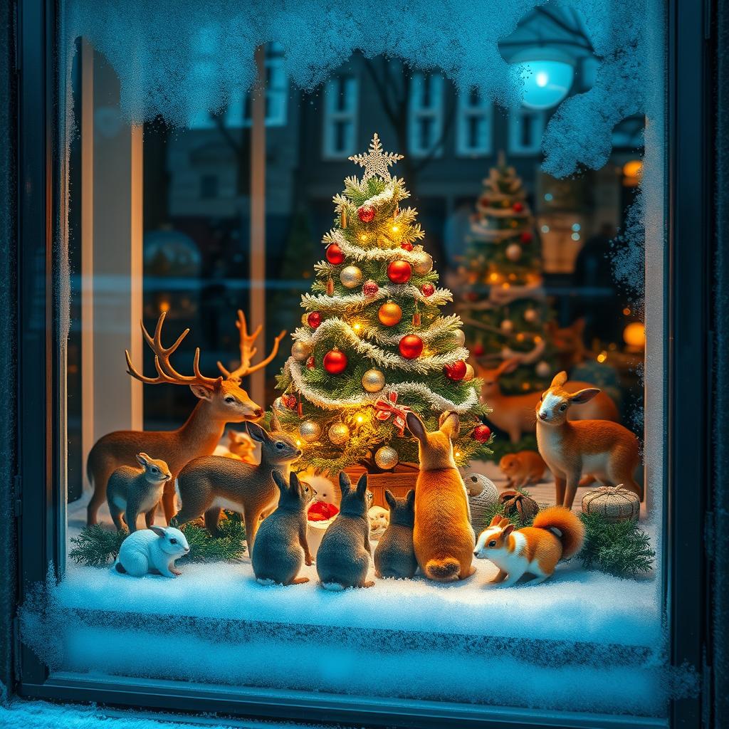 A beautifully decorated Christmas window display showcasing a forest theme