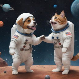 A comical animated scenario featuring a dog and a cat in astronaut suits having a playful squabble amongst the stars, planets, and galaxies.