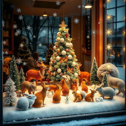 A beautifully decorated Christmas window display showcasing a forest theme