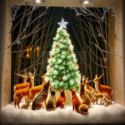 A mesmerizing department store Christmas window display with a forest theme