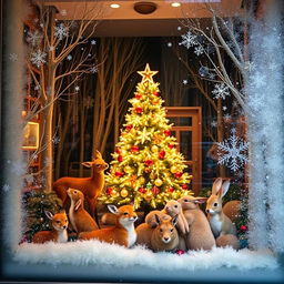 A mesmerizing department store Christmas window display with a forest theme