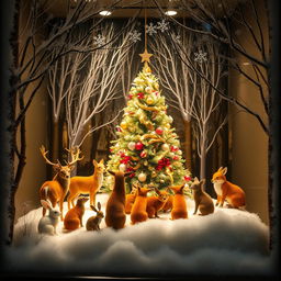 A mesmerizing department store Christmas window display with a forest theme