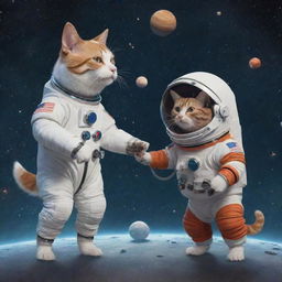 A comical animated scenario featuring a dog and a cat in astronaut suits having a playful squabble amongst the stars, planets, and galaxies.