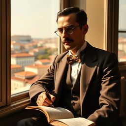 Fernando Pessoa, the renowned Portuguese poet, portrayed in a serene and intellectual setting