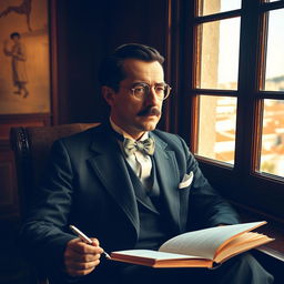 Fernando Pessoa, the renowned Portuguese poet, portrayed in a serene and intellectual setting