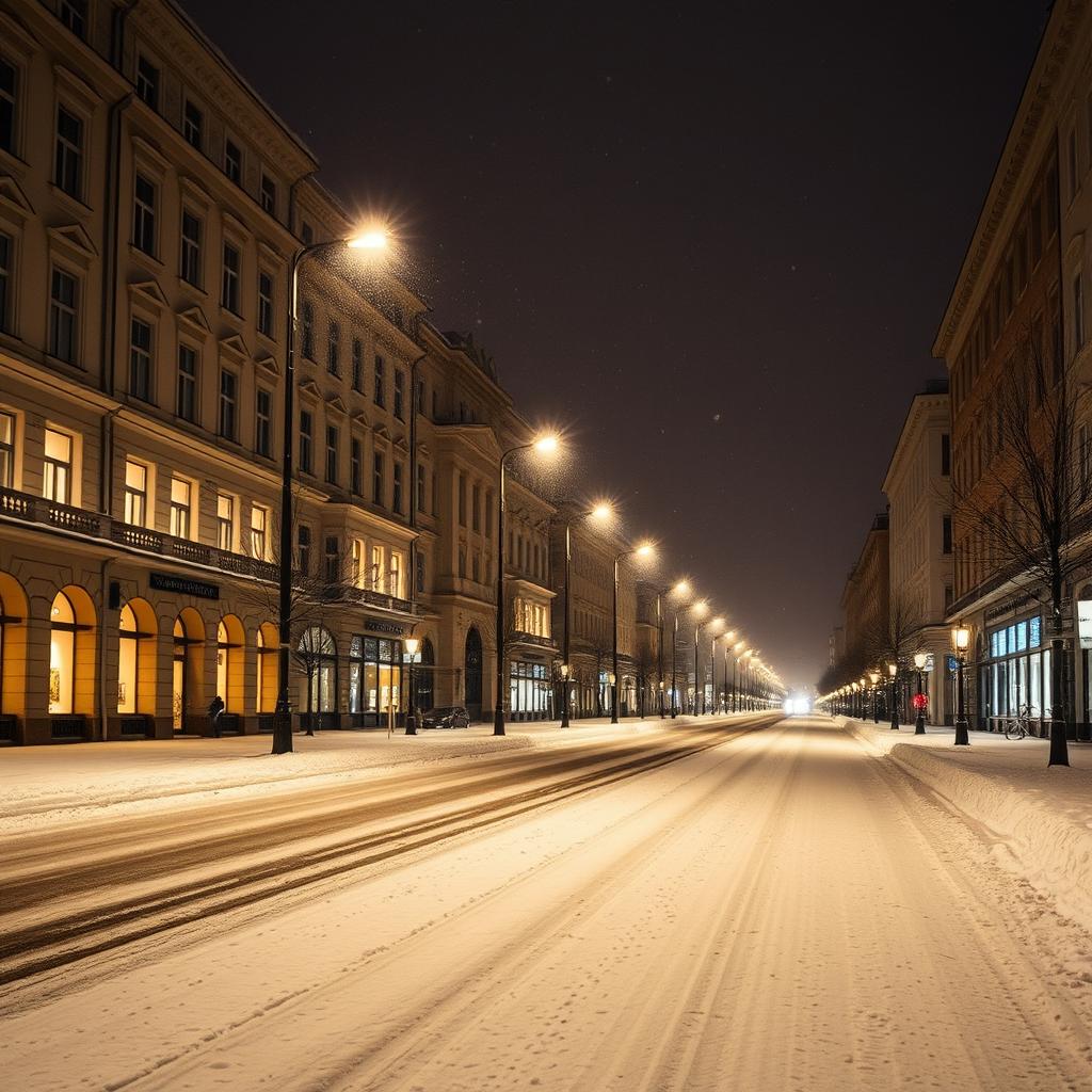 A serene and tranquil scene of Aleksanterinkatu street on a snowy night