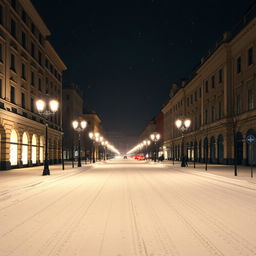 A serene and tranquil scene of Aleksanterinkatu street on a snowy night