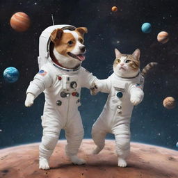 A comical animated scenario featuring a dog and a cat in astronaut suits having a playful squabble amongst the stars, planets, and galaxies.