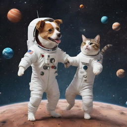 A comical animated scenario featuring a dog and a cat in astronaut suits having a playful squabble amongst the stars, planets, and galaxies.