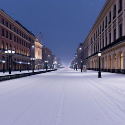 A serene and tranquil scene of Aleksanterinkatu street on a snowy night