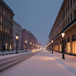 A serene and tranquil scene of Aleksanterinkatu street on a snowy night