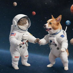 A comical animated scenario featuring a dog and a cat in astronaut suits having a playful squabble amongst the stars, planets, and galaxies.