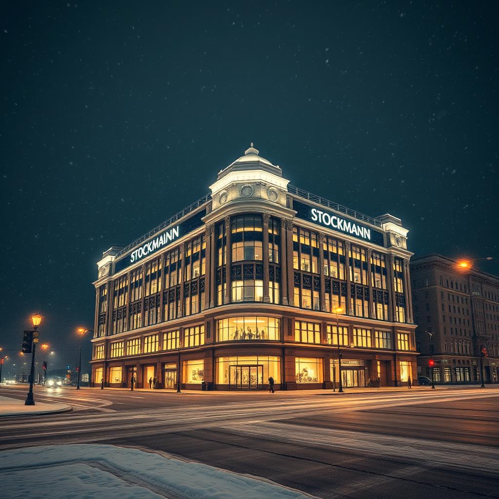 A realistic depiction of the Helsinki Stockmann department store on a snowy night