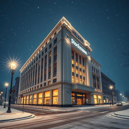 A realistic depiction of the Helsinki Stockmann department store on a snowy night