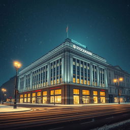 A realistic depiction of the Helsinki Stockmann department store on a snowy night