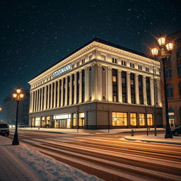 A realistic depiction of the Helsinki Stockmann department store on a snowy night