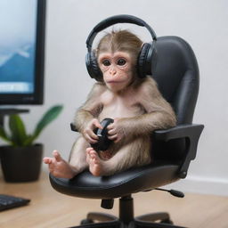 An adorable baby monkey sitting in a small gaming chair, playing Fortnite on a computer with a miniature headset on, embodying an atmosphere of intense concentration.