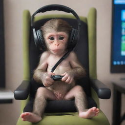 An adorable baby monkey sitting in a small gaming chair, playing Fortnite on a computer with a miniature headset on, embodying an atmosphere of intense concentration.