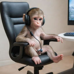 An adorable baby monkey sitting in a small gaming chair, playing Fortnite on a computer with a miniature headset on, embodying an atmosphere of intense concentration.