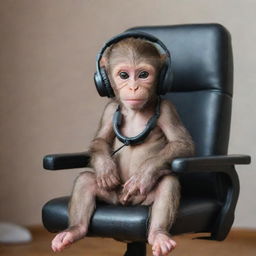 An adorable baby monkey sitting in a small gaming chair, playing Fortnite on a computer with a miniature headset on, embodying an atmosphere of intense concentration.