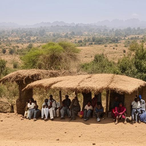 A group of Ethiopian people waiting at a bus stop, with a rustic Ethiopian countryside as the background.