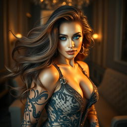 Karol G in a glamorous photoshoot, artistically lit to emphasize her stunning features, with flowing hair cascading over her shoulders